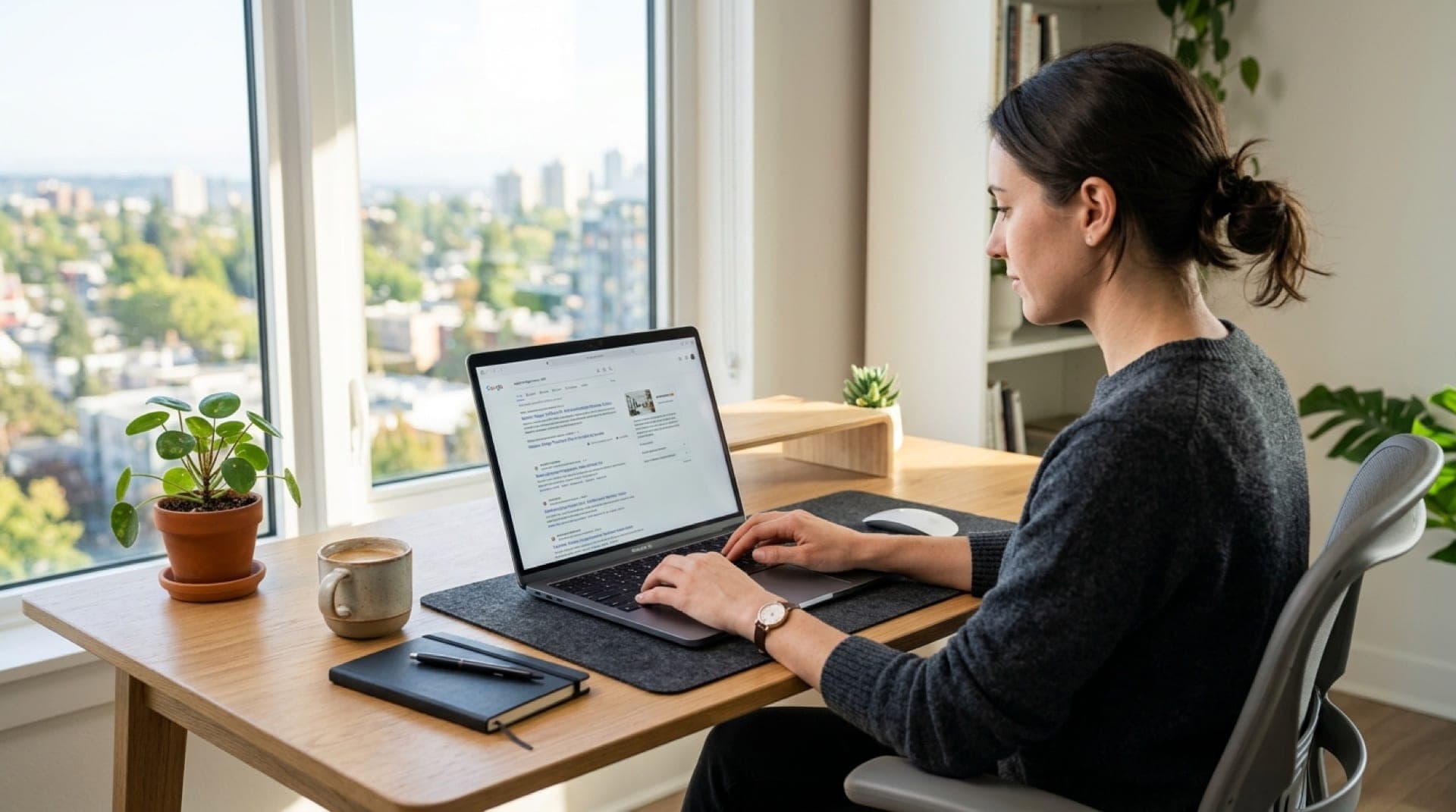 Clean desk setup showing a laptop displaying a search engine results page with highlighted answer snippets, surrounded by notebook and coffee cup, morning light from window