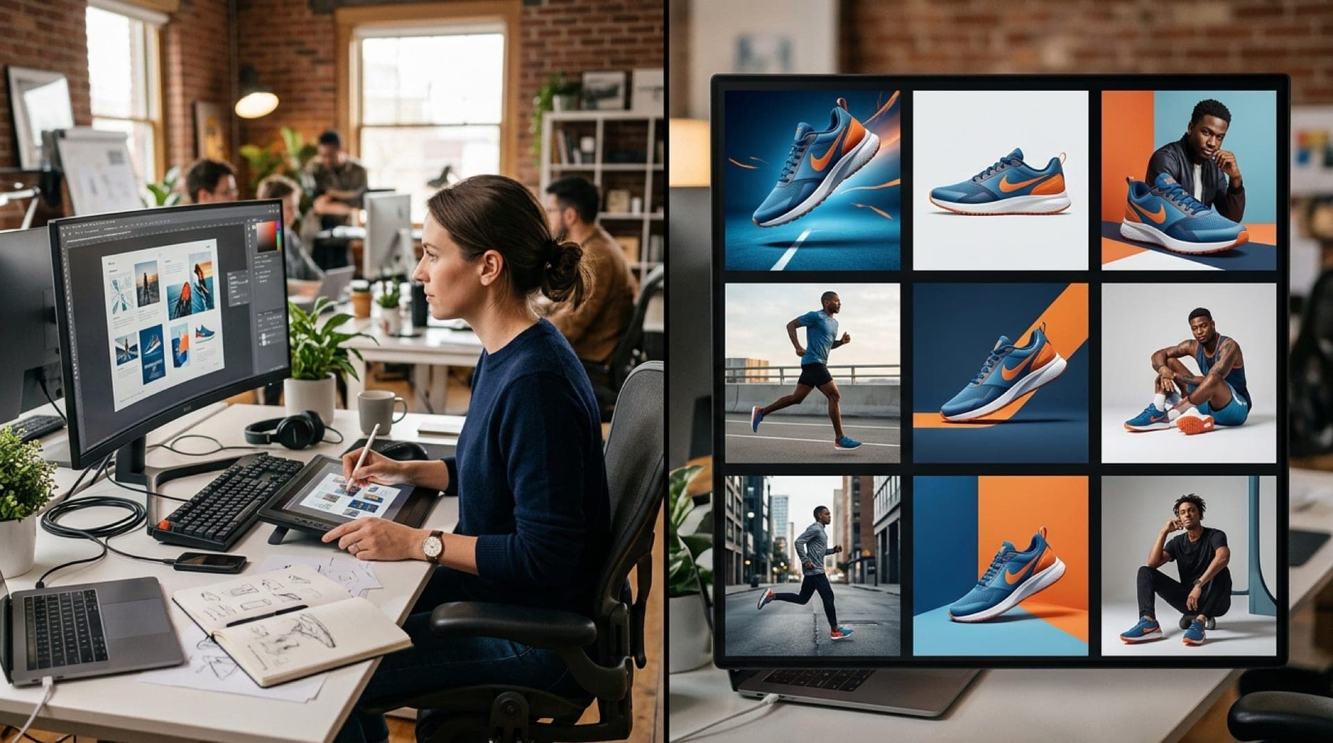 A split-screen digital workspace: left side shows a designer refining ad visuals with precise control and color theory; right side shows AI-generated creative variations in a grid. Soft studio lighting, professional setting, no AI company logos.