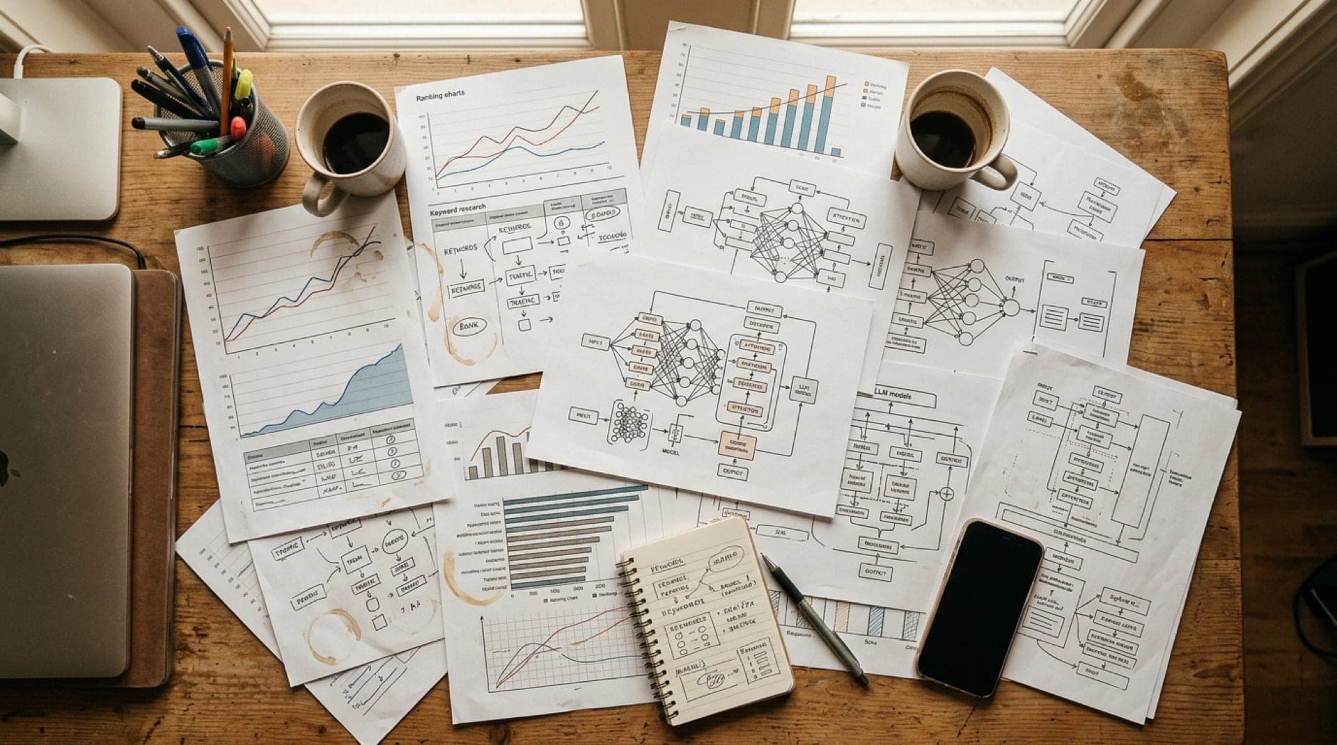 Desk covered with overlapping keyword research notes, ranking charts, and AI model architecture diagrams in soft studio lighting