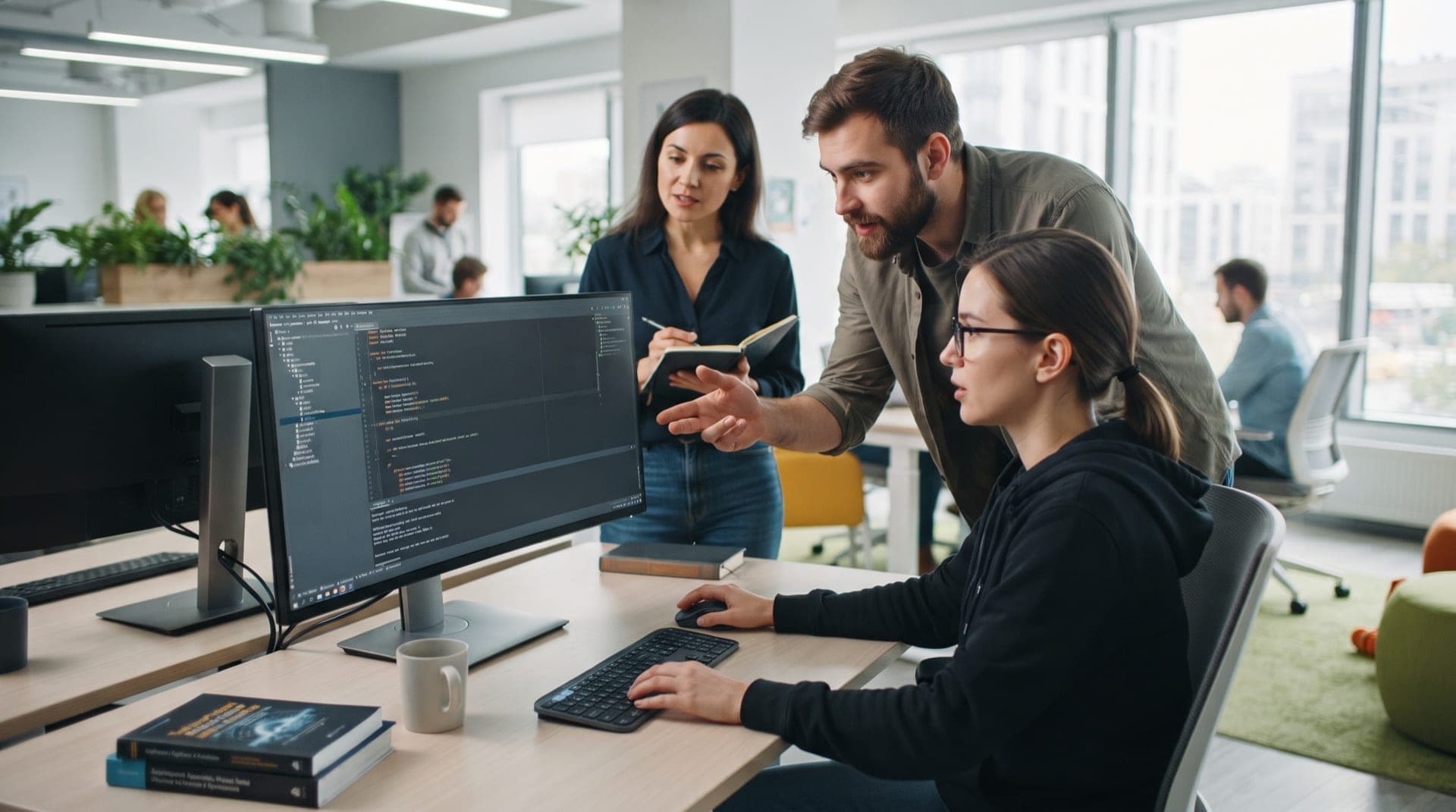 A software engineer reviewing code on a monitor, focused and collaborative, with other team members working in a modern office environment, bright natural lighting, over-the-shoulder perspective.