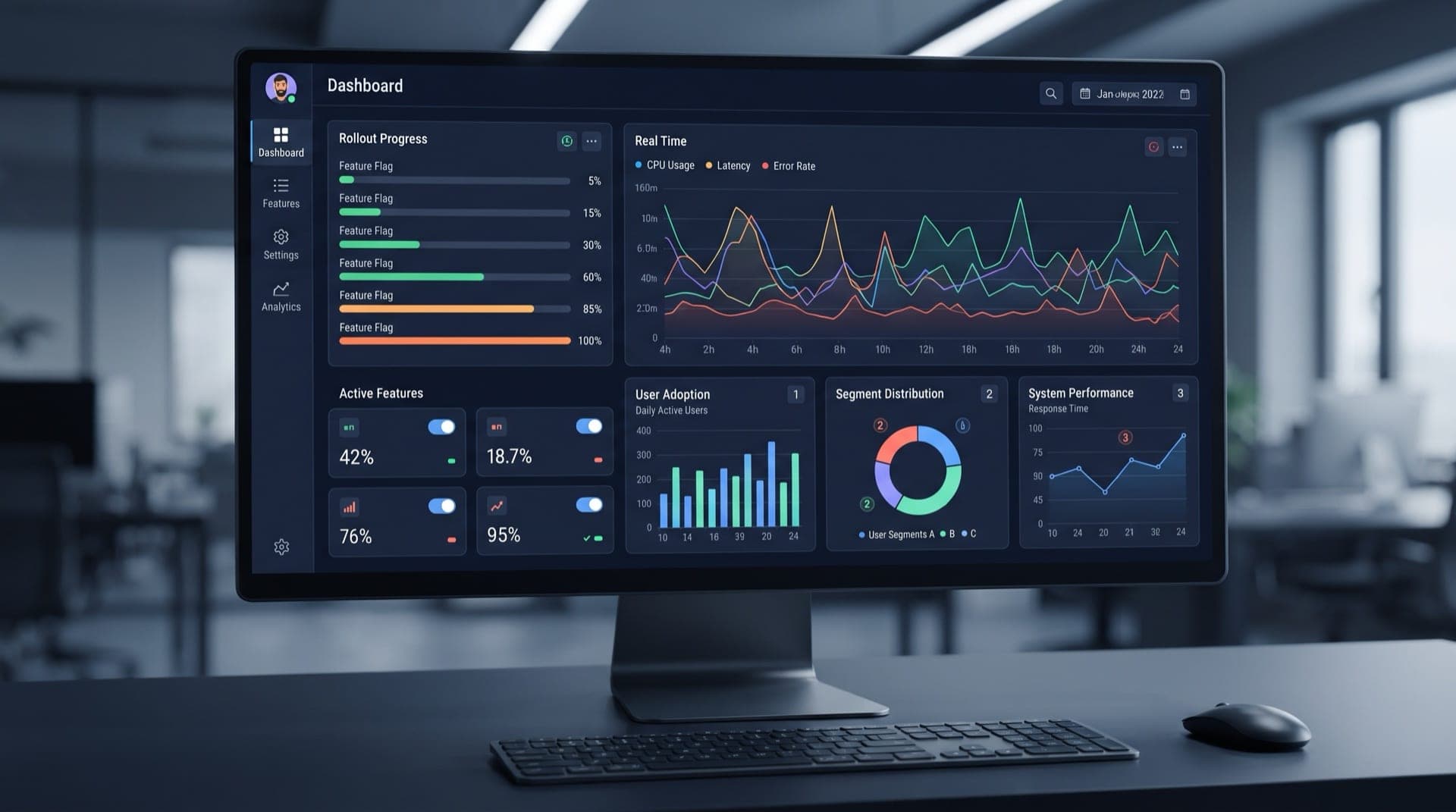 Modern data dashboard with feature flag metrics and deployment controls, showing percentage rollout progress and cohort performance.