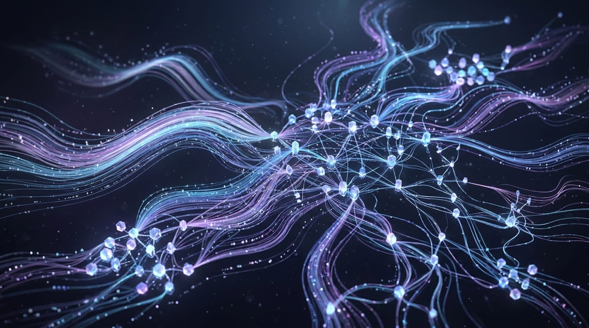 Abstract digital landscape with flowing data streams and interconnected nodes representing generative search systems, modern minimalist aesthetic