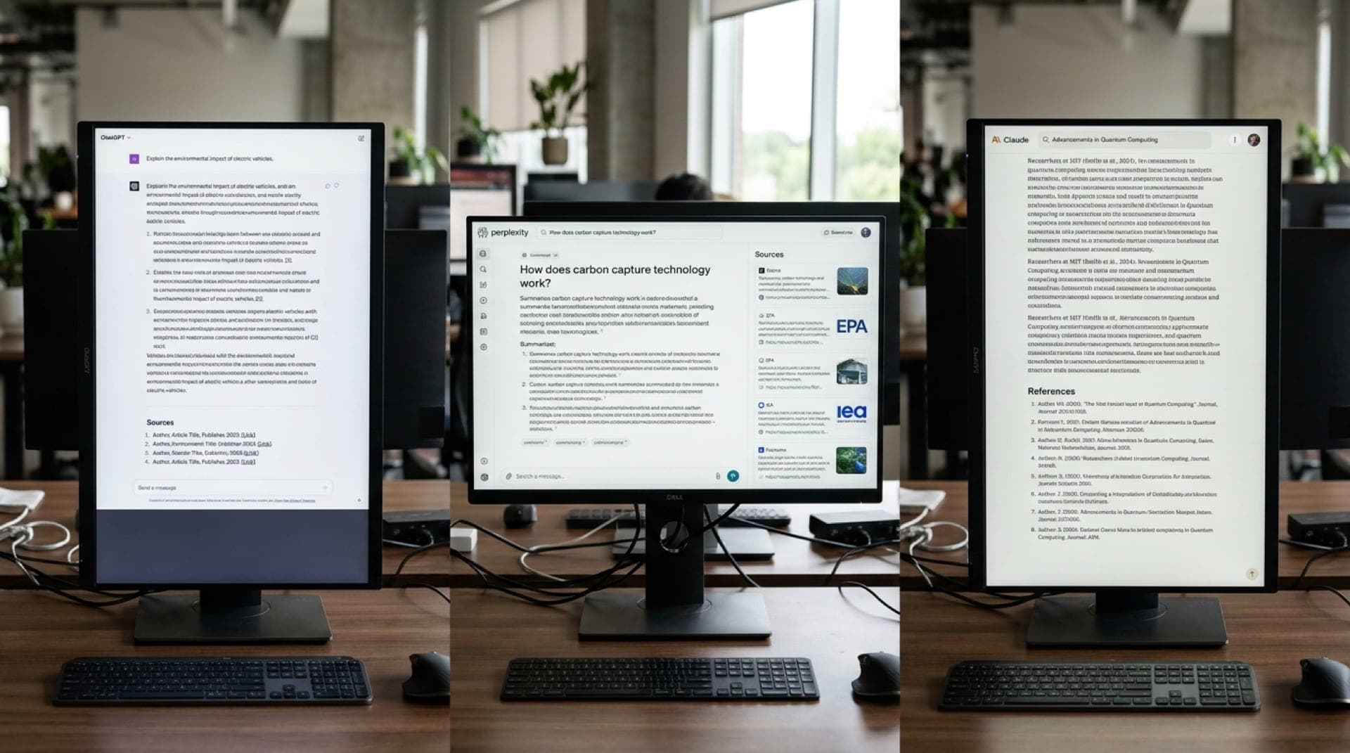 Close-up of a computer screen showing multiple browser tabs with different search results and source citations displayed side by side, selective focus on the citation text