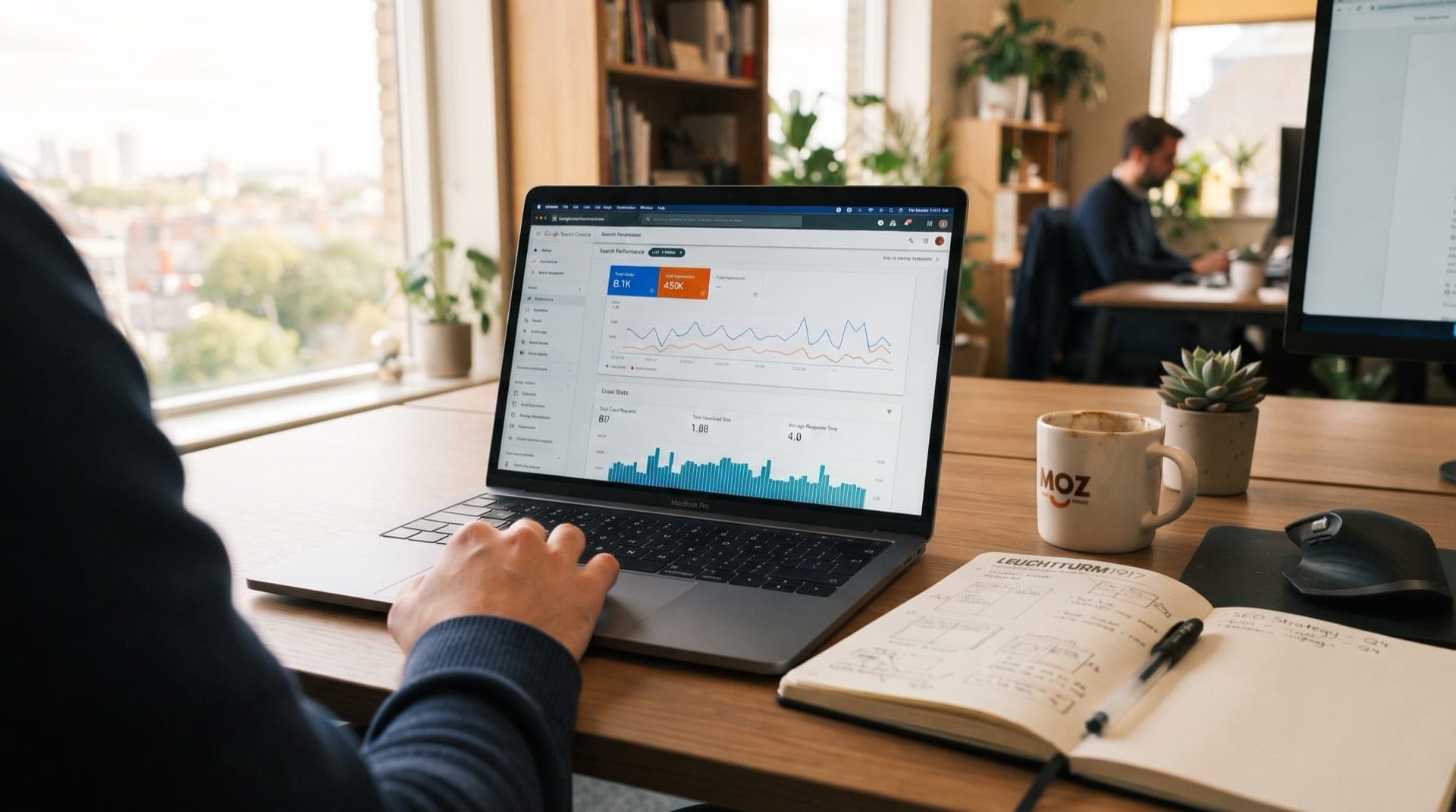 Laptop screen displaying Google Search Console dashboard with performance metrics and crawl data, desk with notebook and coffee cup, warm office lighting