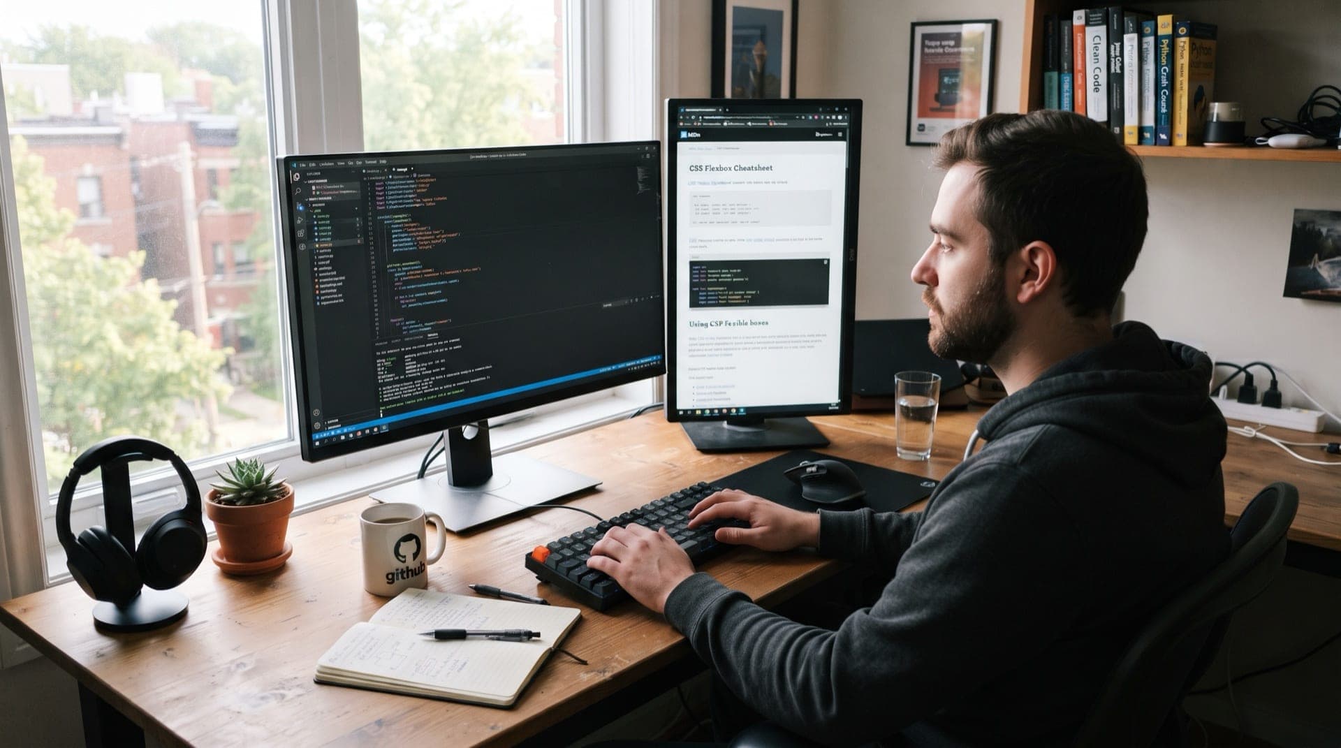 A developer's desk with multiple monitors showing documentation pages and code editor, morning light, realistic photograph