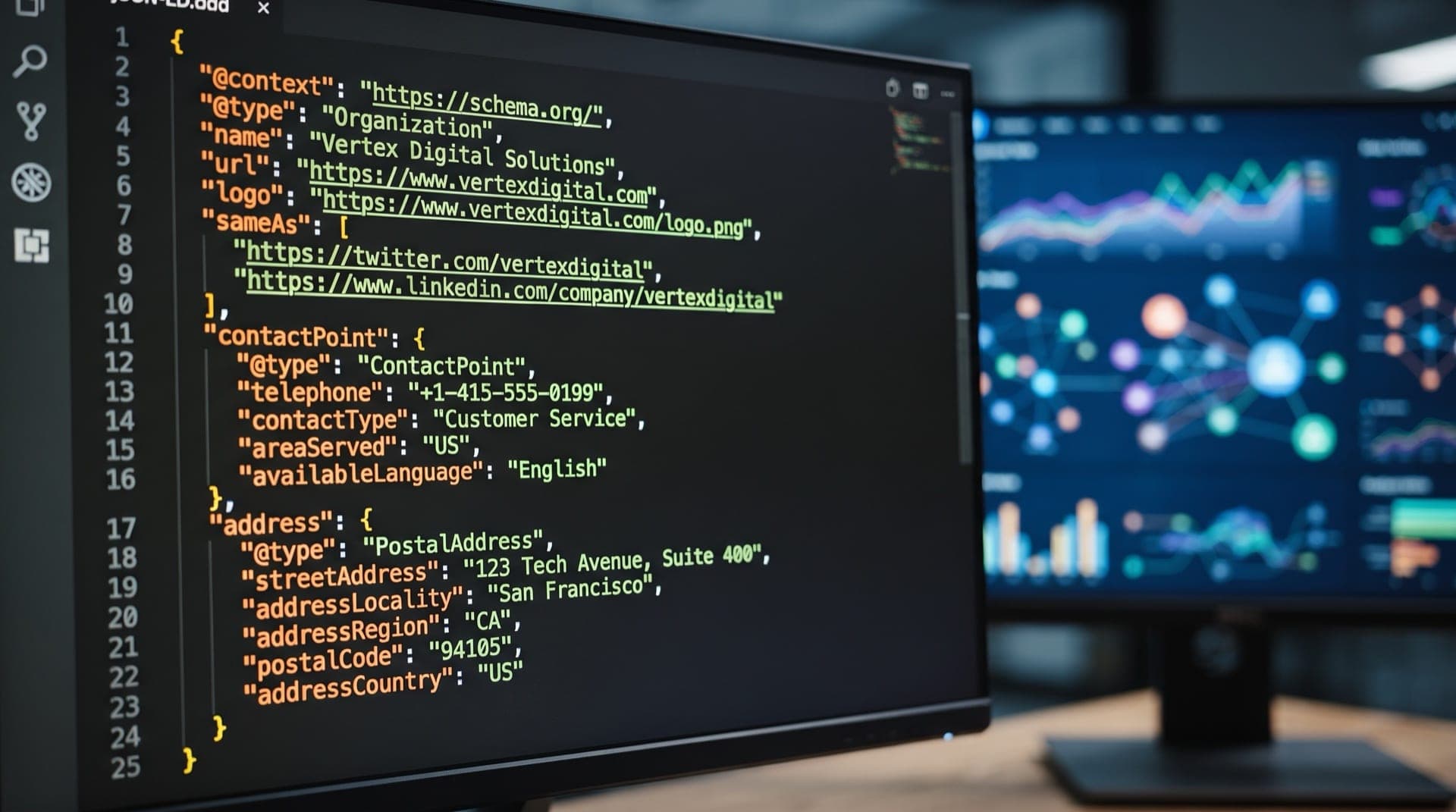 Close-up of a laptop screen displaying JSON code with blue and white syntax highlighting, surrounded by subtle circuit patterns and glowing data points on a dark background