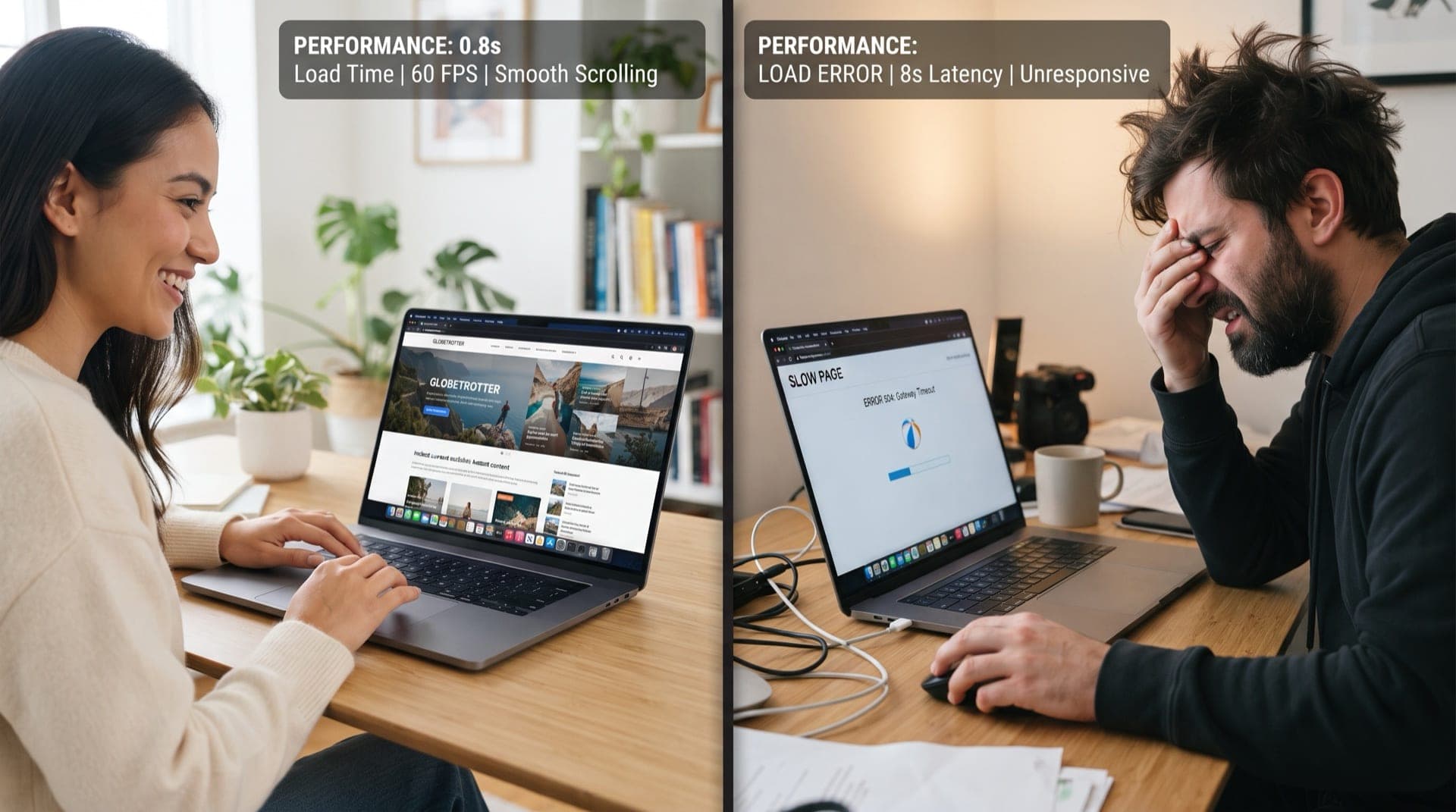 Split-screen comparison showing a fast-loading webpage on one side with metrics dashboard, and a frustrated user gesture on the other, representing the gap between ranking and experience