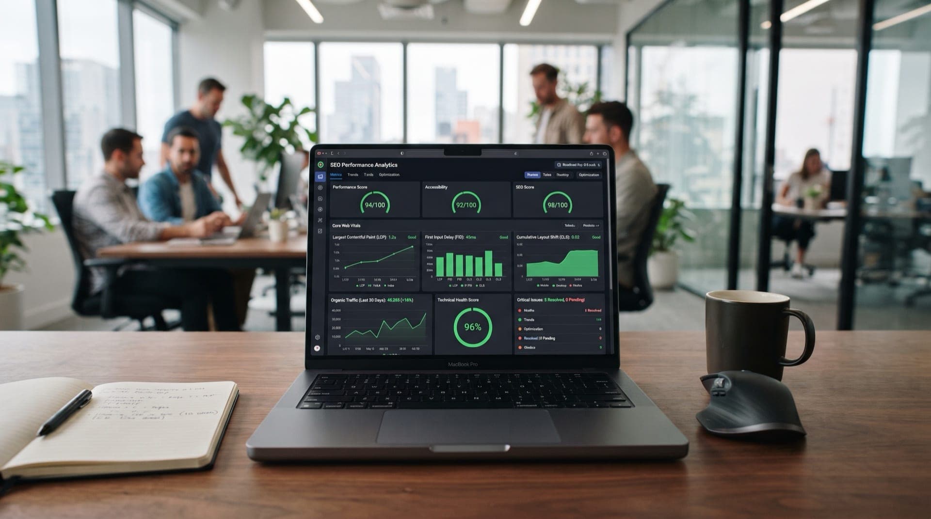 Close-up of a laptop screen showing a website analytics dashboard with performance metrics and green checkmarks, professional office lighting