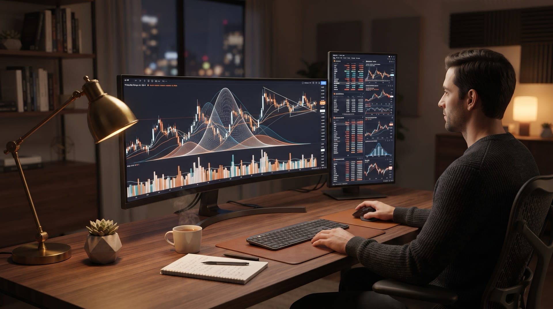 Close-up of financial data displayed on a computer screen with charts, graphs, and probability distributions, representing rigorous quantitative analysis and decision-making in professional lighting