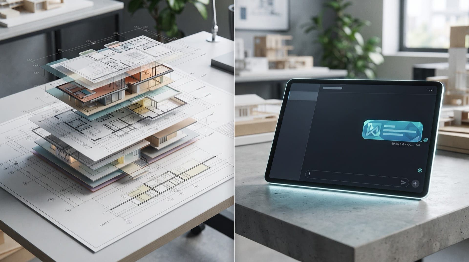 Split-screen editorial illustration: left side shows an AI assistant icon receiving a document labeled "System Prompt" with architectural lines; right side shows a person asking a question with a chat bubble. Minimalist 3D render, blue and gray tones, 16:9 aspect ratio.
