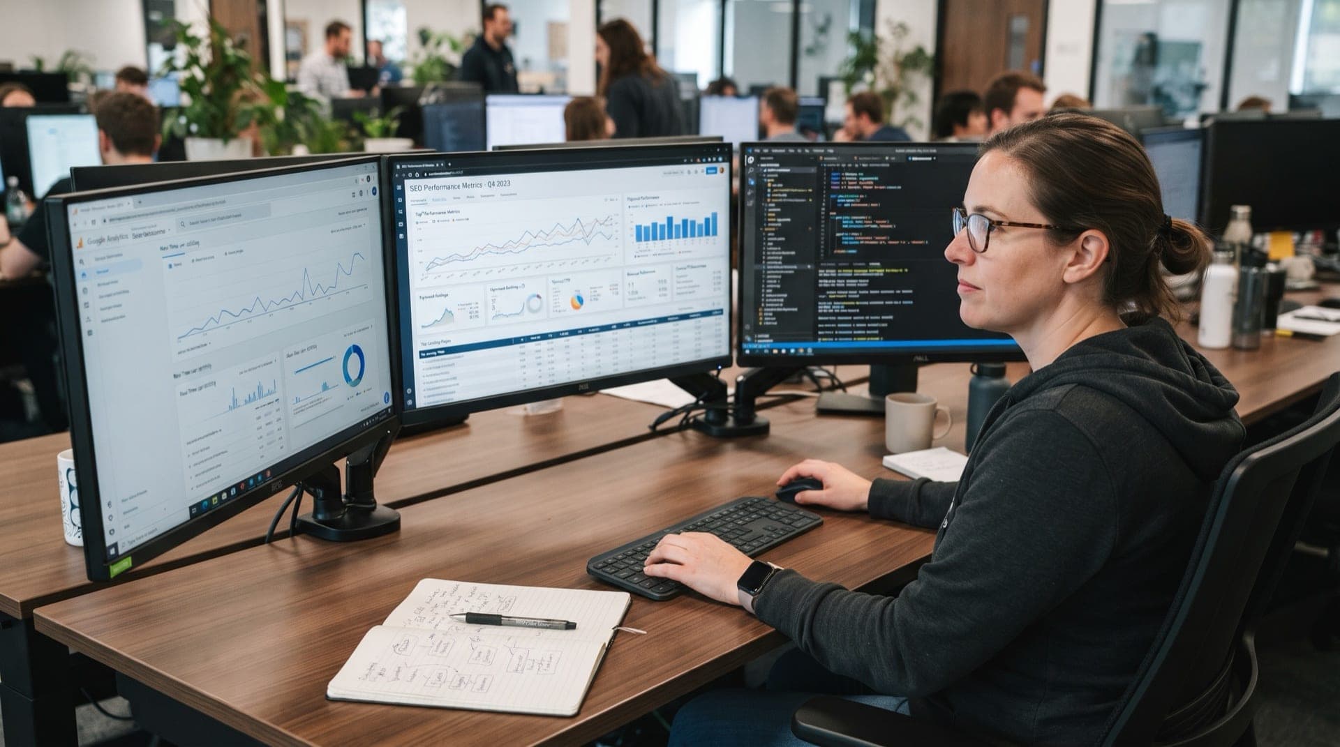Engineer at desk with multiple monitors displaying website analytics, performance metrics, and search engine ranking data
