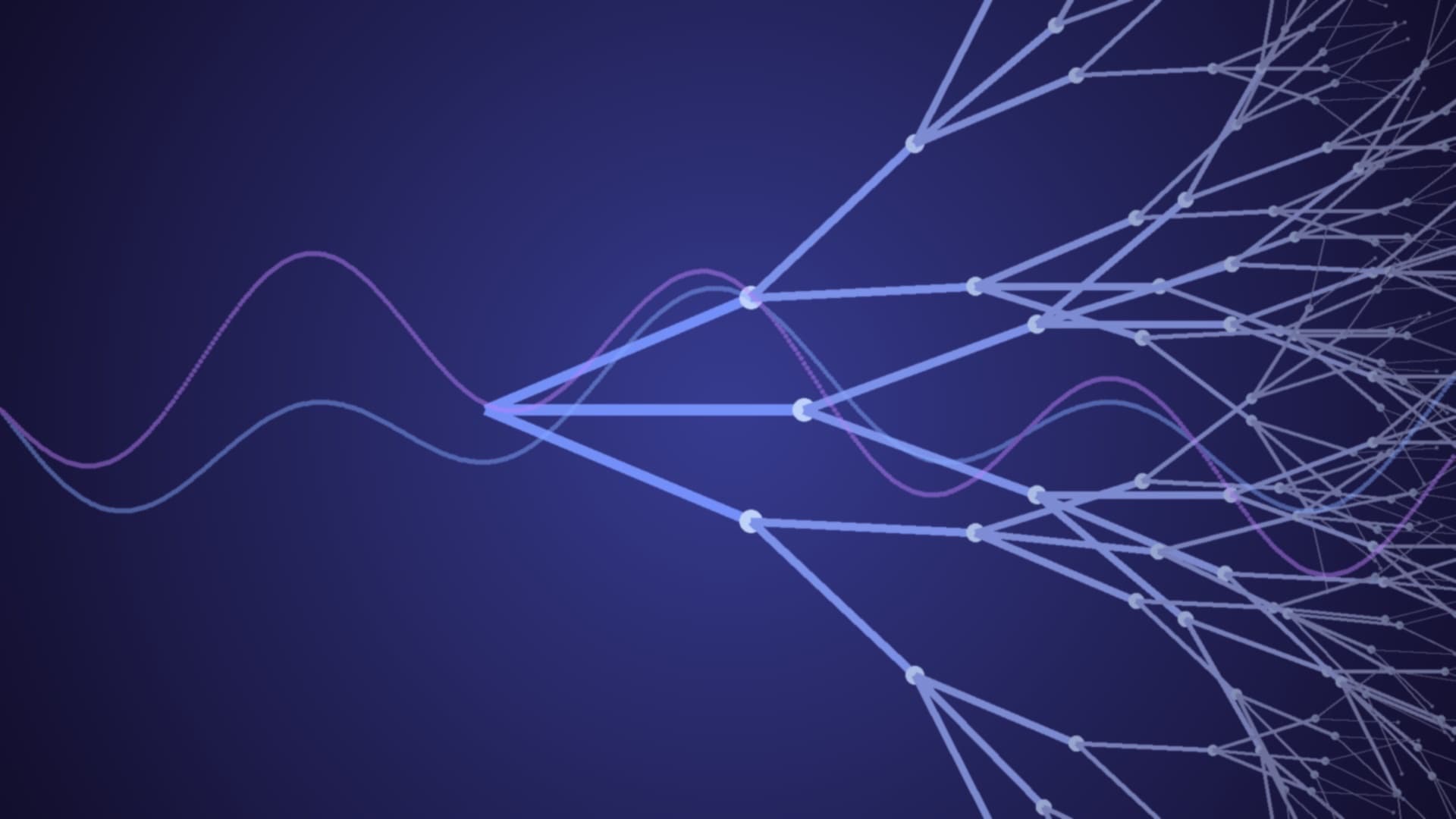 Abstract 3D visualization of branching paths diverging from a central point, with soft blue and purple gradients representing different decision pathways and probability distributions, modern minimalist aesthetic