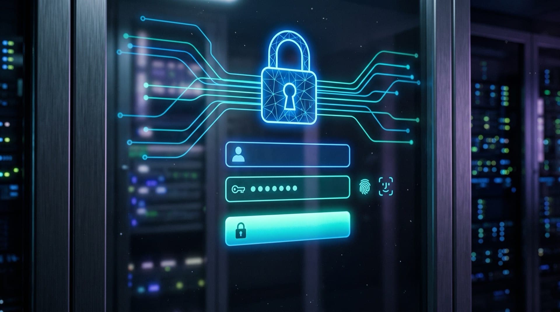 A laptop screen showing a secure login interface with padlock icons and authentication flows in soft blue and teal tones, representing modern security practices