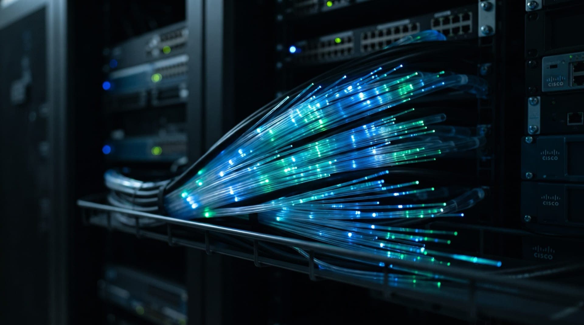 Close-up of fiber optic cables glowing with blue and green light, representing high-speed bidirectional data flow and real-time communication
